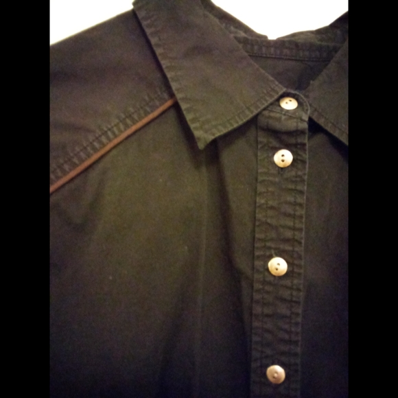 Black Button-down Shirt w/ Metallic Buttons & Brown shoulder/cuff details - Picture 2 of 2